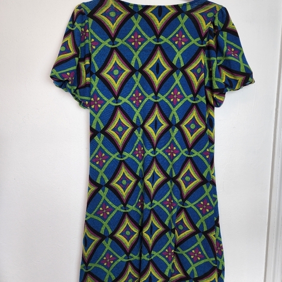 LuLu Via Tunic Blue Yellow Graphic Design Pockets Women's Mini Dress Size L - Picture 3 of 6